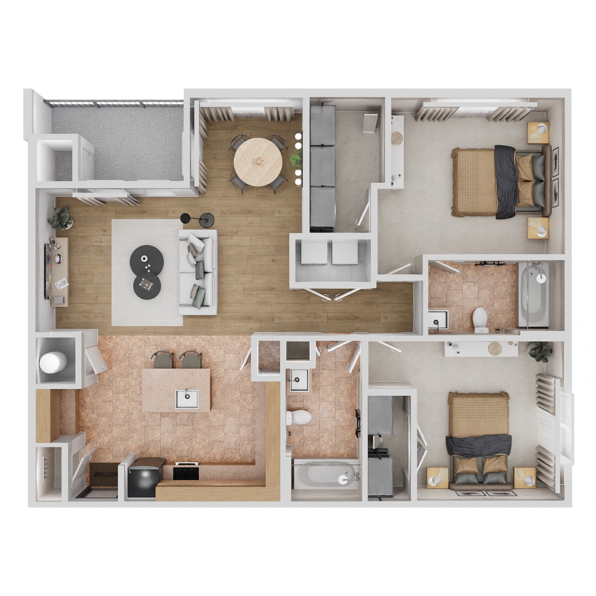 Floor plan for 2 beds, 2 baths, 1149 sqft